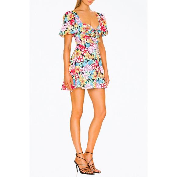 NEW FOR LOVE & LEMONS mallory floral-print cutout satin mini dress in red - Picture 2 of 3